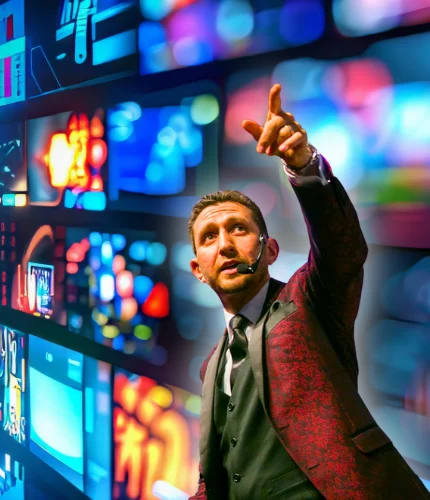 Kane Minkus pointing on stage in front of AI-inspired visuals