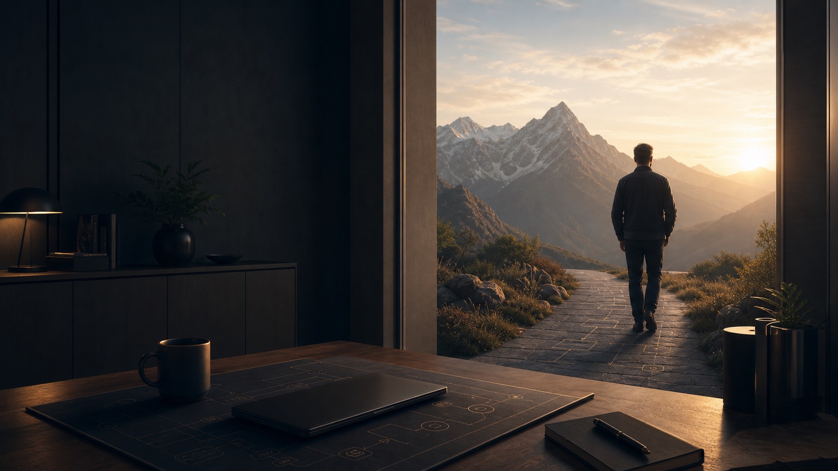 A founder standing at an open doorway toward a quiet mountain path at sunset.