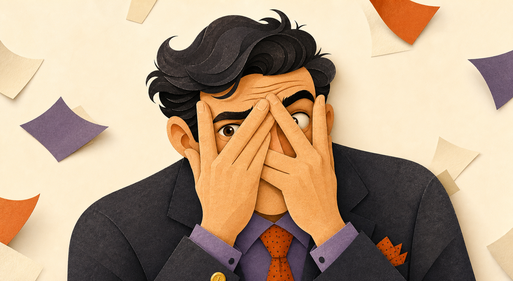 A fictional office professional humorously peeking through fingers covering their eyes